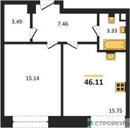 Планировка однокомнатной(квартира) площадью 46.11 квадратных метров в ЖК “ЖК Sezar City (Сезар Сити)”