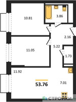 Планировка двухкомнатной(квартира) площадью 53.76 квадратных метров в “ЖК Квартал Марьино”