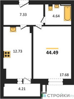 Планировка однокомнатной(квартира) площадью 44.49 квадратных метров в “ЖК Егорово Парк”