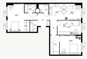 Планировка трехкомнатной(квартира) площадью 80.5 квадратных метров в “ЖК Белая Дача парк”