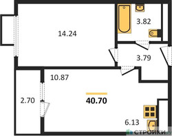 Планировка однокомнатной(квартира) площадью 40.7 квадратных метров в “ЖК Tophills (ТопХиллс)”