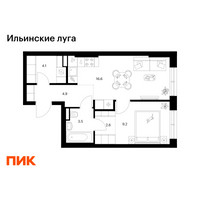 Планировка однокомнатной(квартира) площадью 40.9 квадратных метров в “ЖК Ильинские луга”
