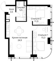 Планировка двухкомнатной(квартира) площадью 61.1 квадратных метров в “ЖК Сити Бэй”