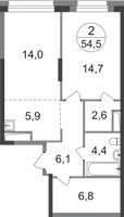 Планировка двухкомнатной(квартира) площадью 54.5 квадратных метров в “ЖК Первый Московский”