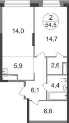 Планировка двухкомнатной(квартира) площадью 54.5 квадратных метров в ЖК “ЖК Первый Московский”