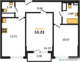 Планировка двухкомнатной(квартира) площадью 53.23 квадратных метров в “ЖК Светлый мир БиоПолис”