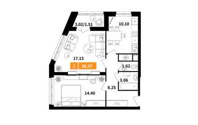 Планировка двухкомнатной(квартира) площадью 56.07 квадратных метров в ЖК “ЖК Планерный Квартал”