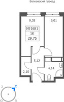 Планировка однокомнатной(апартаменты) площадью 29.75 квадратных метров в “ЖК Волковская 67”