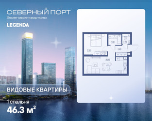 Планировка однокомнатной(квартира) площадью 46.3 квадратных метров в “ЖК Северный порт. Береговые кварталы”