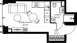 Планировка студии(квартира) площадью 24 квадратных метров в “ЖК Веер”