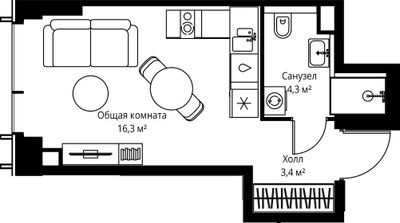 Планировка студии(квартира) площадью 24 квадратных метров в ЖК “ЖК Веер”
