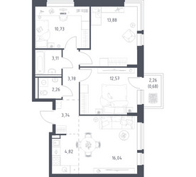 Планировка трехкомнатной(квартира) площадью 71.61 квадратных метров в ЖК “ЖК Егорово Парк”