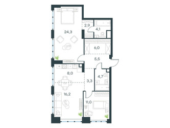Планировка трехкомнатной(квартира) площадью 86 квадратных метров в ЖК “ЖК Левел Южнопортовая”
