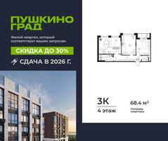 Планировка трехкомнатной(квартира) площадью 68.4 квадратных метров в “ЖК Пушкино Град”