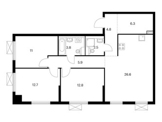 Планировка трехкомнатной(квартира) площадью 86.4 квадратных метров в ЖК “ЖК Люблинский парк”