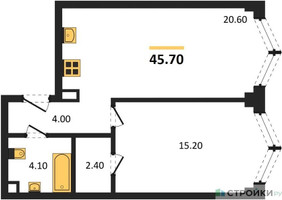 Планировка однокомнатной(квартира) площадью 45.7 квадратных метров в “ЖК ЗИЛАРТ”