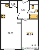 Планировка однокомнатной(апартаменты) площадью 46.59 квадратных метров в “ЖК Пятницкое 58 (Перец)”