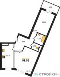 Планировка двухкомнатной(квартира) площадью 58.56 квадратных метров в ЖК “ЖК Домодедово Парк”