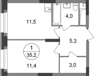 Планировка однокомнатной(квартира) площадью 35.2 квадратных метров в ЖК “ЖК Первый Московский”