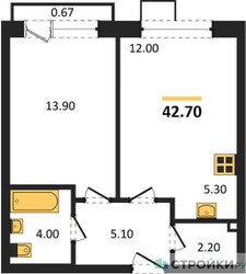 Планировка однокомнатной(квартира) площадью 42.7 квадратных метров в ЖК “ЖК Skolkovo ONE (Сколково Уан)”