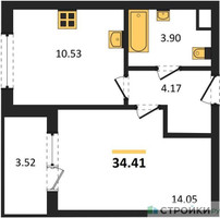 Планировка однокомнатной(квартира) площадью 34.41 квадратных метров в “ЖК Одинград. Квартал Семейный”