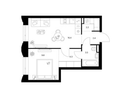 Планировка однокомнатной(квартира) площадью 38.6 квадратных метров в “ЖК Саларьево парк”