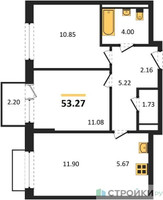 Планировка двухкомнатной(квартира) площадью 53.27 квадратных метров в “ЖК Рублевский Квартал”