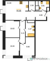 Планировка трехкомнатной(квартира) площадью 72.35 квадратных метров в “ЖК Апарт-отель Тропарево парк”