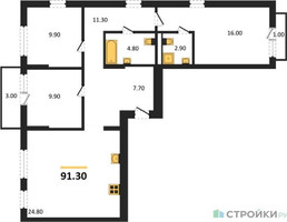 Планировка трехкомнатной(квартира) площадью 91.3 квадратных метров в “ЖК Первый квартал”