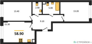 Планировка двухкомнатной(квартира) площадью 58.9 квадратных метров в “ЖК Переделкино Ближнее”