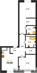 Планировка двухкомнатной(квартира) площадью 70 квадратных метров в ЖК “ЖК Детали”