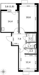 Планировка двухкомнатной(квартира) площадью 62.2 квадратных метров в ЖК “ЖК 1-й Саларьевский (Первый Саларьевский)”