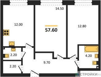 Планировка двухкомнатной(квартира) площадью 57.6 квадратных метров в ЖК “ЖК Skolkovo ONE (Сколково Уан)”