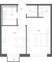 Планировка однокомнатной(квартира) площадью 36.5 квадратных метров в “ЖК Равновесие”