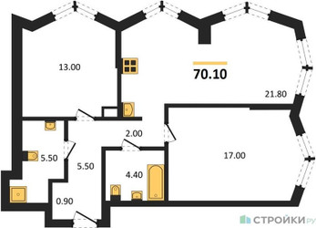 Планировка двухкомнатной(квартира) площадью 70.1 квадратных метров в ЖК “Акценты”