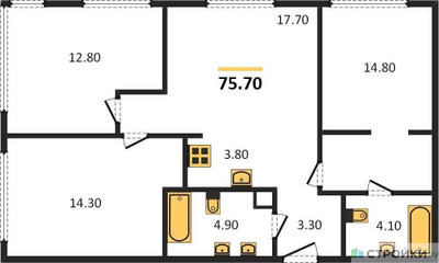 Планировка трехкомнатной(квартира) площадью 75.7 квадратных метров в ЖК “ЖК SOUL (СОУЛ)”