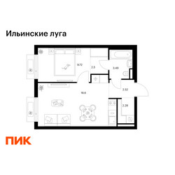 Планировка однокомнатной(квартира) площадью 39.11 квадратных метров в ЖК “ЖК Ильинские луга”