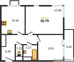 Планировка двухкомнатной(квартира) площадью 50.8 квадратных метров в “ЖК Одинград. Квартал Семейный”