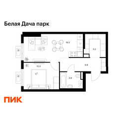 Планировка однокомнатной(квартира) площадью 42.7 квадратных метров в ЖК “ЖК Белая Дача парк”