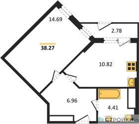 Планировка однокомнатной(квартира) площадью 38.27 квадратных метров в ЖК “ЖК Светлый мир БиоПолис”