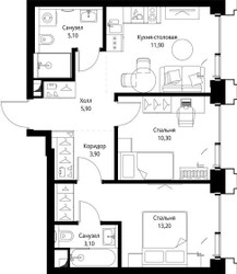 Планировка двухкомнатной(квартира) площадью 54.4 квадратных метров в ЖК “ЖК СЕТ”