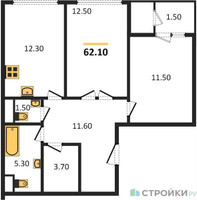 Планировка двухкомнатной(квартира) площадью 62.1 квадратных метров в “ЖК Sky Garden (Скай Гарден)”