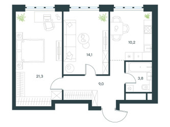 Планировка двухкомнатной(квартира) площадью 58.4 квадратных метров в ЖК “ЖК Левел Южнопортовая”