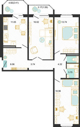 Планировка трехкомнатной(квартира) площадью 82 квадратных метров в ЖК “ЖК Оптима”