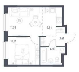 Планировка однокомнатной(квартира) площадью 34.73 квадратных метров в ЖК “ЖК Новое Видное”
