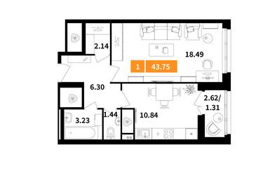 Планировка однокомнатной(квартира) площадью 43.8 квадратных метров в ЖК “ЖК Планерный Квартал”