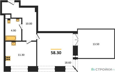 Планировка однокомнатной(квартира) площадью 58.3 квадратных метров в ЖК “ЖК Мираполис”