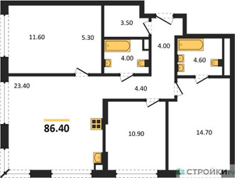 Планировка трехкомнатной(квартира) площадью 86.4 квадратных метров в ЖК “ЖК Portland (Портланд)”
