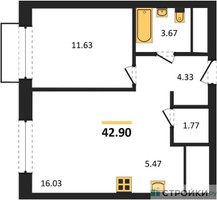 Планировка однокомнатной(квартира) площадью 42.9 квадратных метров в “ЖК Новоград Павлино”