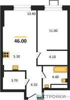 Планировка однокомнатной(квартира) площадью 46 квадратных метров в “ЖК Новые смыслы”
